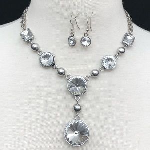 Big Bling Silver Clear Y Drop Necklace Earring Set